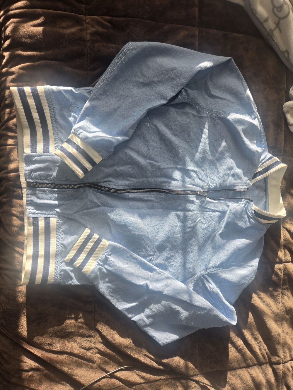 Denim & Flower Light Blue Bomber Jacket with Stripe Trim
